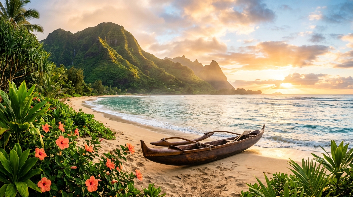 Amanhecer sereno na praia tropical do Havaí com canoa tradicional wa'a e flores de hibisco coral